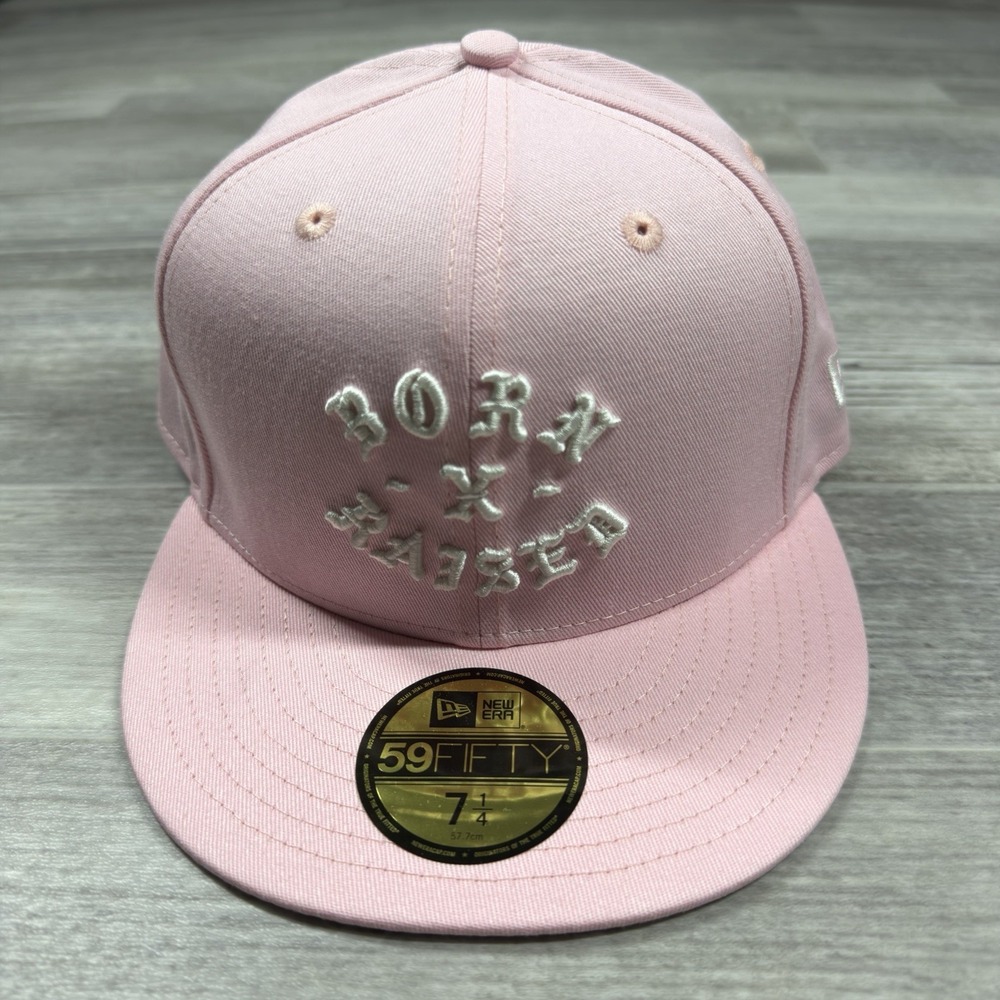 Born X Raised New Era 59FIFTY Rocker Fitted Hat Cap Size 7 1/4 Pink Embroidered